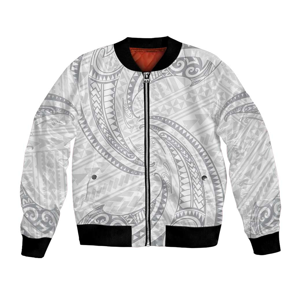 White Sunday Lotu Tamaiti Bomber Jacket Polynesian Wave Pastel Gray - Polynesian Pride