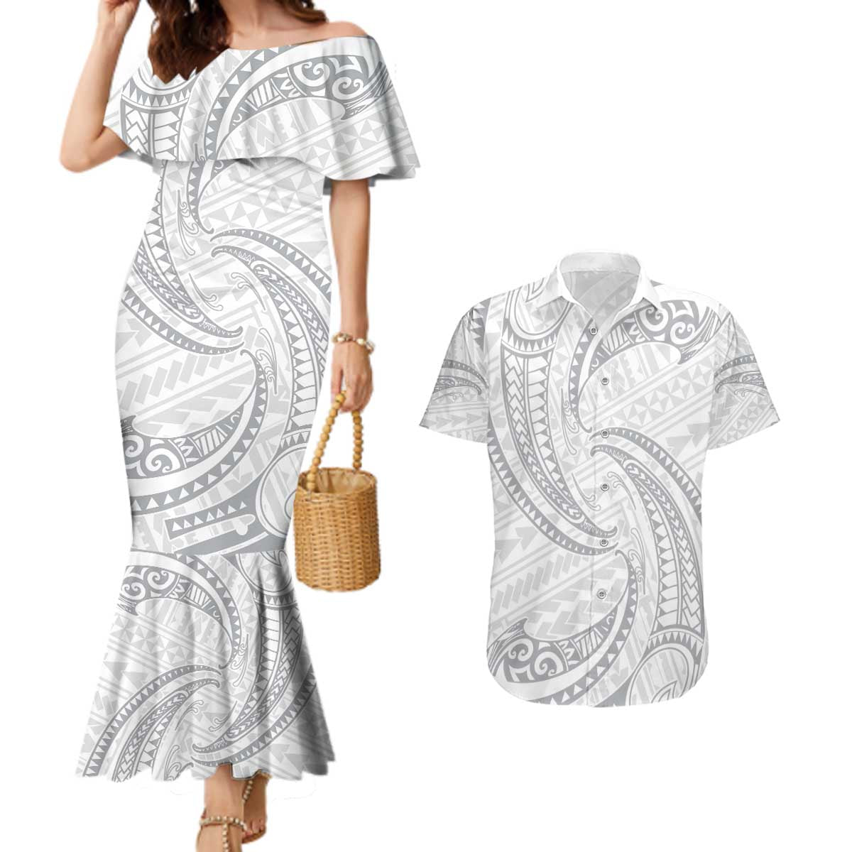White Sunday Lotu Tamaiti Couples Matching Mermaid Dress and Hawaiian Shirt Polynesian Wave Pastel Gray - Polynesian Pride
