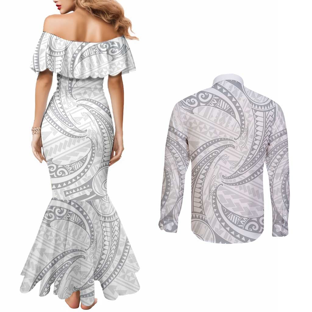 White Sunday Lotu Tamaiti Couples Matching Mermaid Dress and Long Sleeve Button Shirt Polynesian Wave Pastel Gray - Polynesian Pride