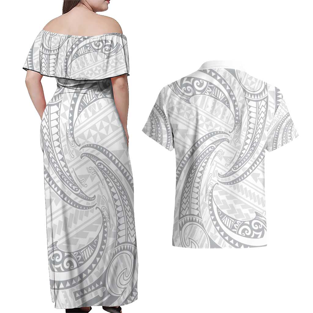 White Sunday Lotu Tamaiti Couples Matching Off Shoulder Maxi Dress and Hawaiian Shirt Polynesian Wave Pastel Gray - Polynesian Pride