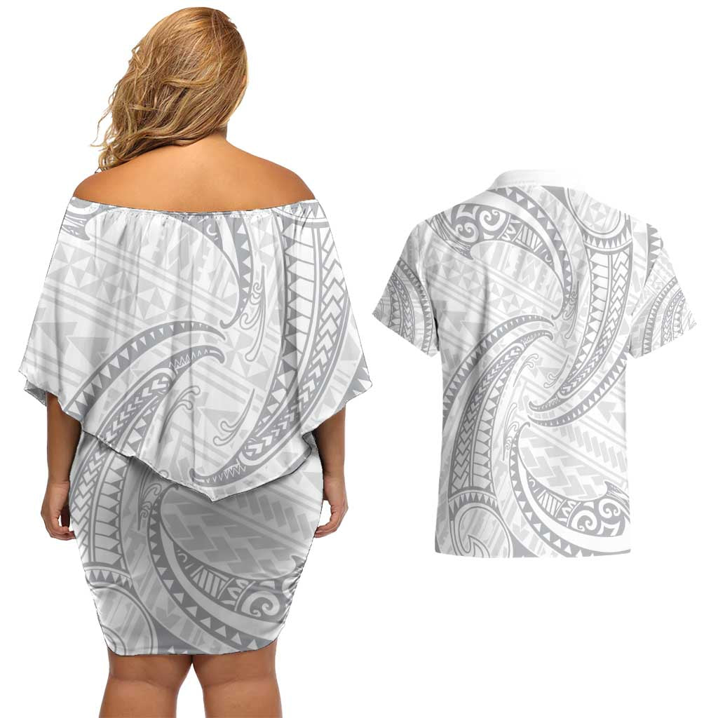 White Sunday Lotu Tamaiti Couples Matching Off Shoulder Short Dress and Hawaiian Shirt Polynesian Wave Pastel Gray - Polynesian Pride