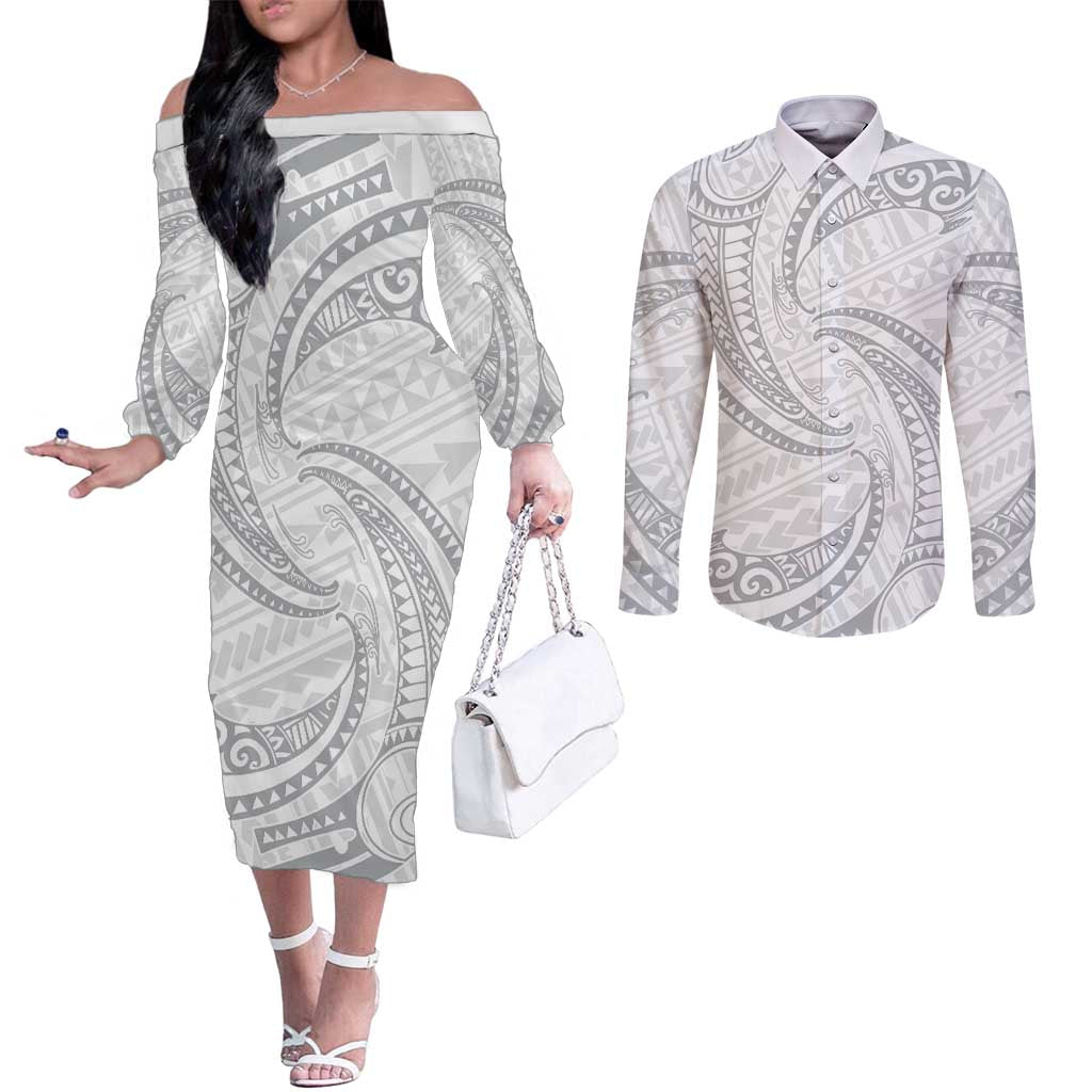 White Sunday Lotu Tamaiti Couples Matching Off The Shoulder Long Sleeve Dress and Long Sleeve Button Shirt Polynesian Wave Pastel Gray - Polynesian Pride