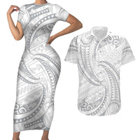 White Sunday Lotu Tamaiti Couples Matching Short Sleeve Bodycon Dress and Hawaiian Shirt Polynesian Wave Pastel Gray - Polynesian Pride
