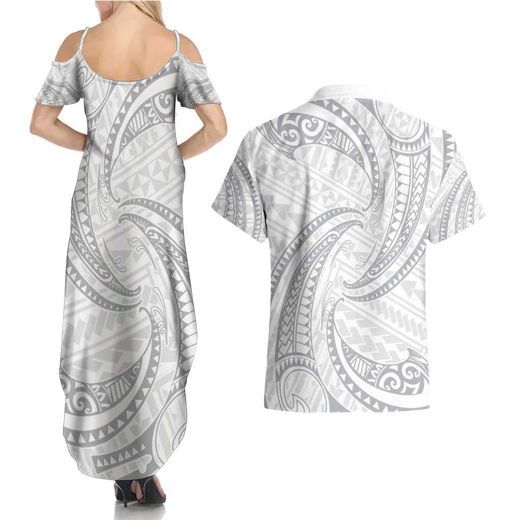White Sunday Lotu Tamaiti Couples Matching Summer Maxi Dress and Hawaiian Shirt Polynesian Wave Pastel Gray - Polynesian Pride