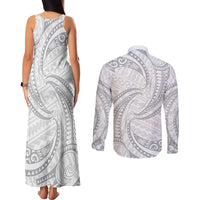 White Sunday Lotu Tamaiti Couples Matching Tank Maxi Dress and Long Sleeve Button Shirt Polynesian Wave Pastel Gray - Polynesian Pride