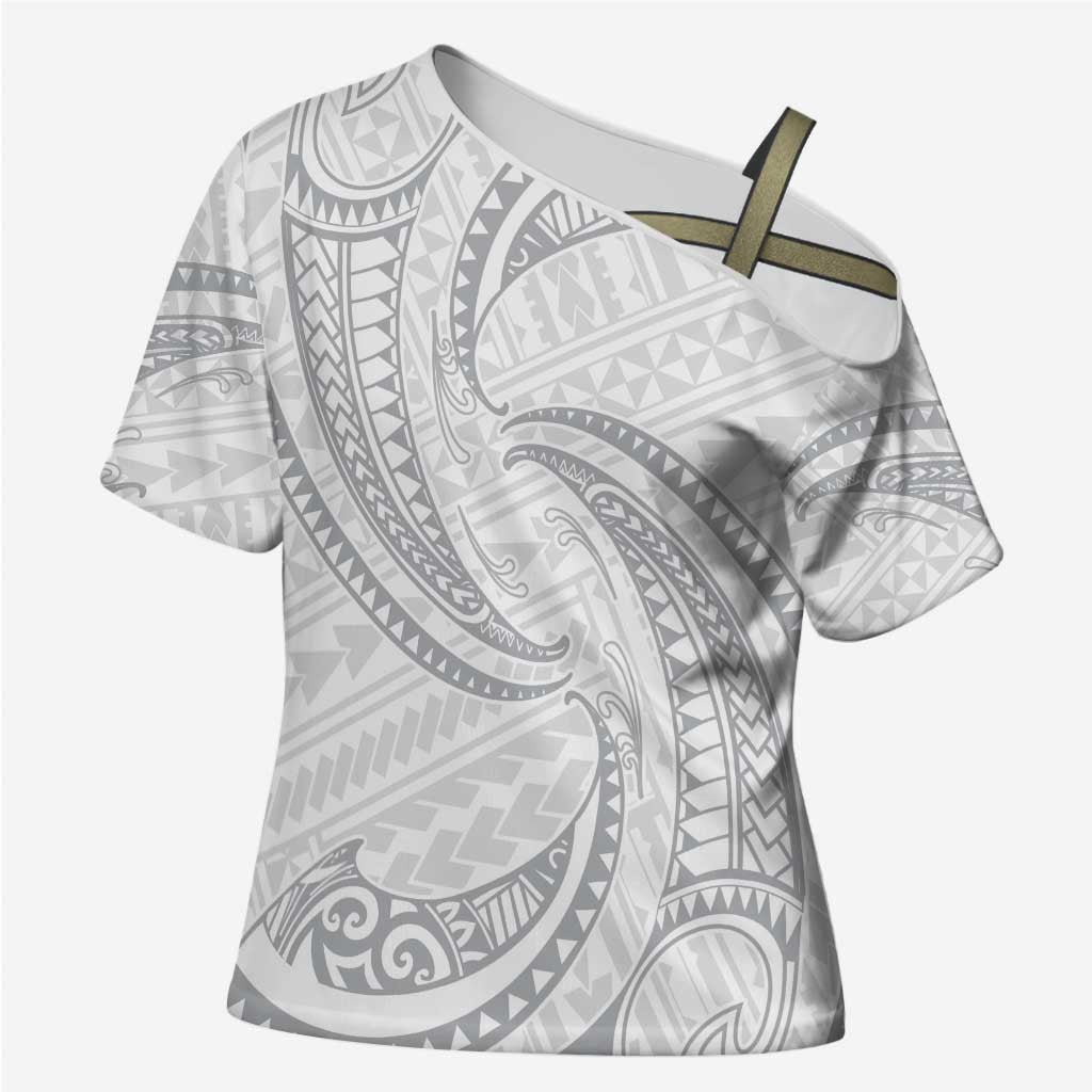 White Sunday Lotu Tamaiti Cross Shoulder Shirt Polynesian Wave Pastel Gray - Polynesian Pride