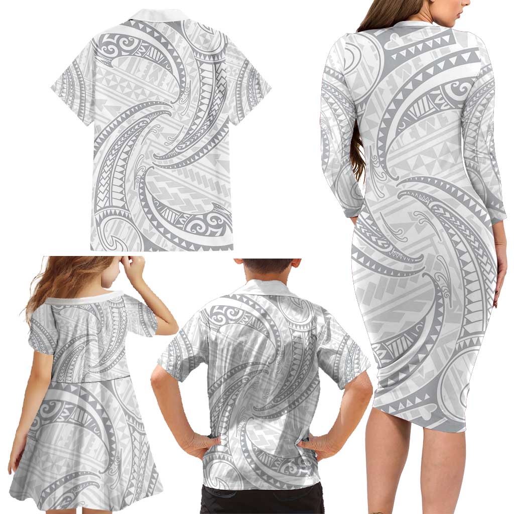 White Sunday Lotu Tamaiti Family Matching Long Sleeve Bodycon Dress and Hawaiian Shirt Polynesian Wave Pastel Gray LT9 - Polynesian Pride