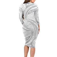 White Sunday Lotu Tamaiti Family Matching Long Sleeve Bodycon Dress and Hawaiian Shirt Polynesian Wave Pastel Gray LT9 - Polynesian Pride