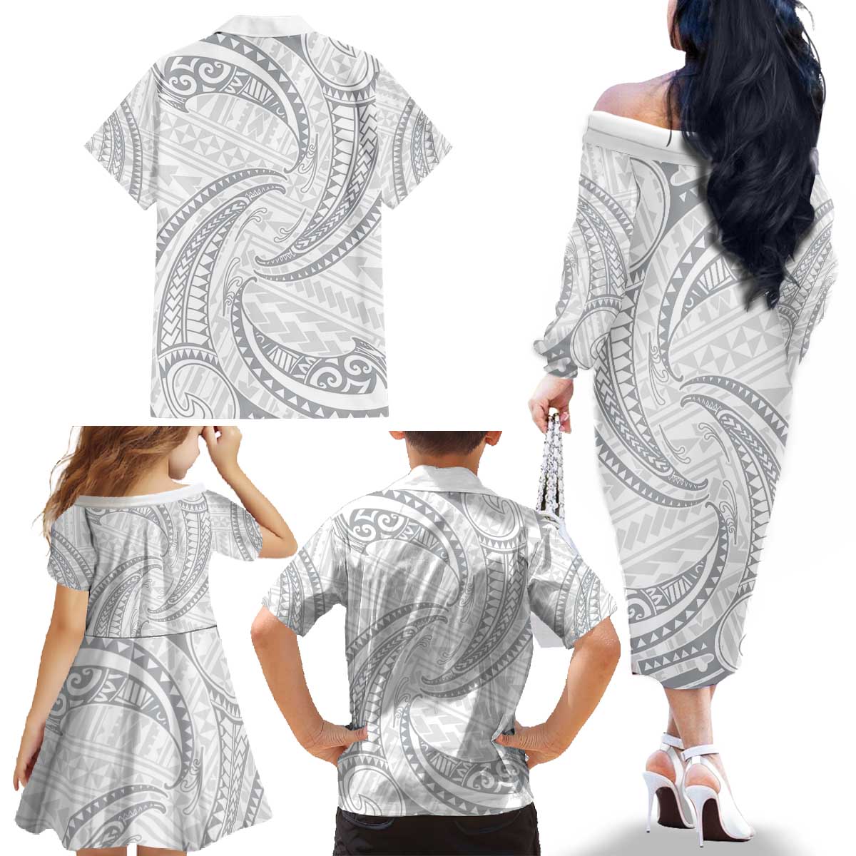 White Sunday Lotu Tamaiti Family Matching Off The Shoulder Long Sleeve Dress and Hawaiian Shirt Polynesian Wave Pastel Gray LT9 - Polynesian Pride
