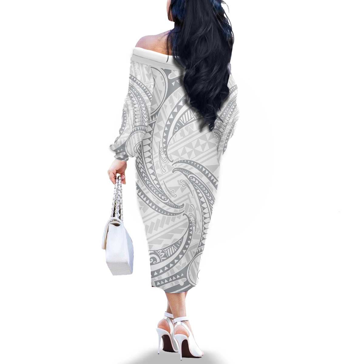 White Sunday Lotu Tamaiti Family Matching Off The Shoulder Long Sleeve Dress and Hawaiian Shirt Polynesian Wave Pastel Gray LT9 - Polynesian Pride