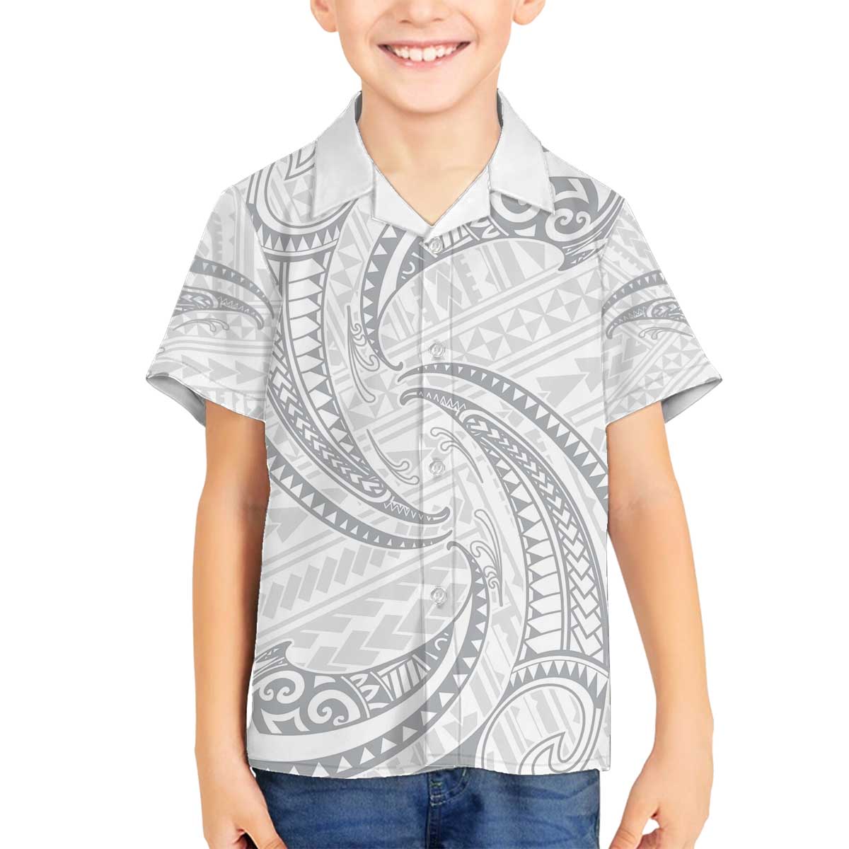 White Sunday Lotu Tamaiti Family Matching Off The Shoulder Long Sleeve Dress and Hawaiian Shirt Polynesian Wave Pastel Gray LT9 Son's Shirt Gray - Polynesian Pride