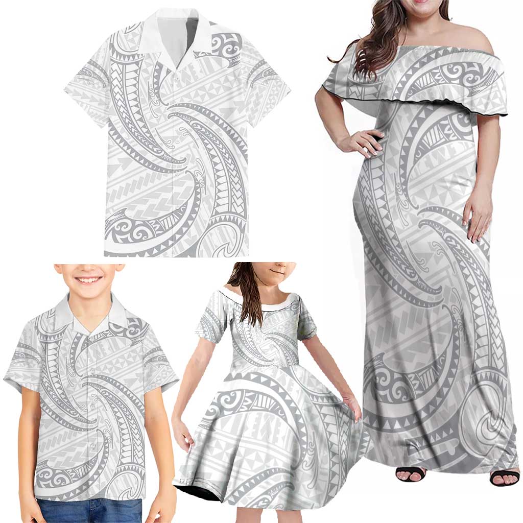 White Sunday Lotu Tamaiti Family Matching Off Shoulder Maxi Dress and Hawaiian Shirt Polynesian Wave Pastel Gray LT9 - Polynesian Pride
