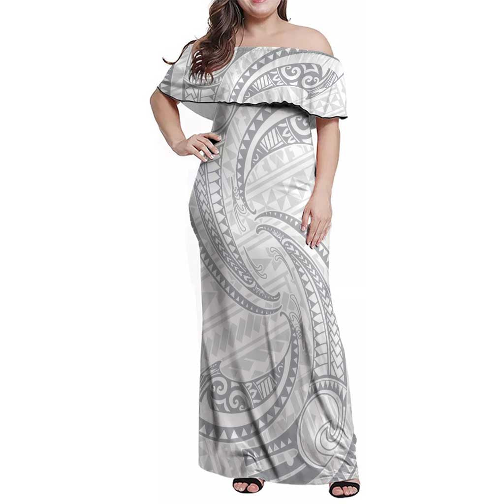 White Sunday Lotu Tamaiti Family Matching Off Shoulder Maxi Dress and Hawaiian Shirt Polynesian Wave Pastel Gray LT9 Mom's Dress Gray - Polynesian Pride