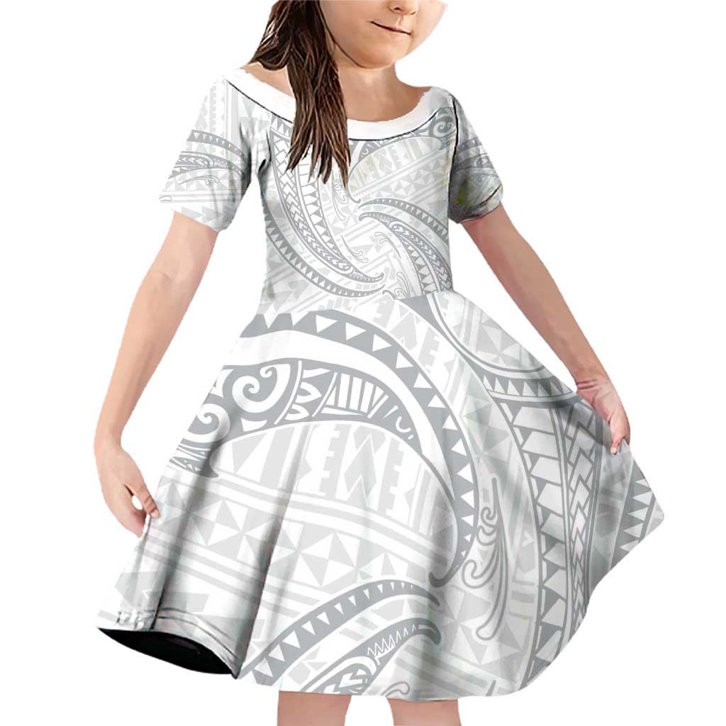 White Sunday Lotu Tamaiti Family Matching Off Shoulder Short Dress and Hawaiian Shirt Polynesian Wave Pastel Gray LT9 Daughter's Dress Gray - Polynesian Pride