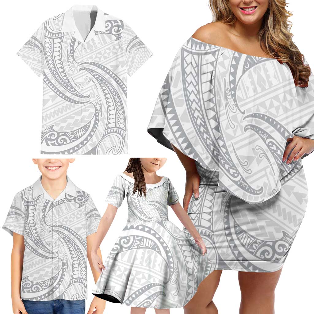 White Sunday Lotu Tamaiti Family Matching Off Shoulder Short Dress and Hawaiian Shirt Polynesian Wave Pastel Gray - Polynesian Pride