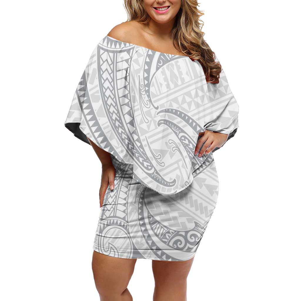 White Sunday Lotu Tamaiti Family Matching Off Shoulder Short Dress and Hawaiian Shirt Polynesian Wave Pastel Gray LT9 Mom's Dress Gray - Polynesian Pride