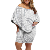 White Sunday Lotu Tamaiti Family Matching Off Shoulder Short Dress and Hawaiian Shirt Polynesian Wave Pastel Gray LT9 Mom's Dress Gray - Polynesian Pride