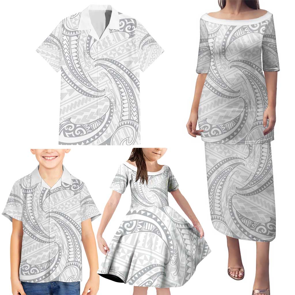 White Sunday Lotu Tamaiti Family Matching Puletasi and Hawaiian Shirt Polynesian Wave Pastel Gray - Polynesian Pride