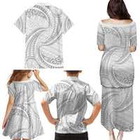 White Sunday Lotu Tamaiti Family Matching Puletasi and Hawaiian Shirt Polynesian Wave Pastel Gray LT9 - Polynesian Pride
