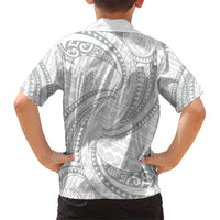 White Sunday Lotu Tamaiti Family Matching Short Sleeve Bodycon Dress and Hawaiian Shirt Polynesian Wave Pastel Gray LT9 - Polynesian Pride