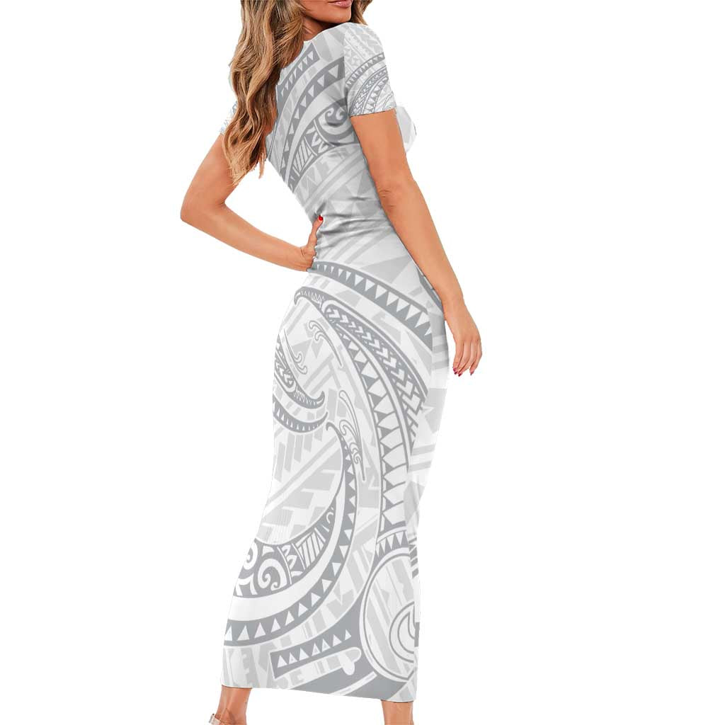 White Sunday Lotu Tamaiti Family Matching Short Sleeve Bodycon Dress and Hawaiian Shirt Polynesian Wave Pastel Gray LT9 - Polynesian Pride