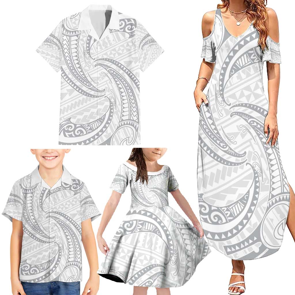 White Sunday Lotu Tamaiti Family Matching Summer Maxi Dress and Hawaiian Shirt Polynesian Wave Pastel Gray LT9 - Polynesian Pride