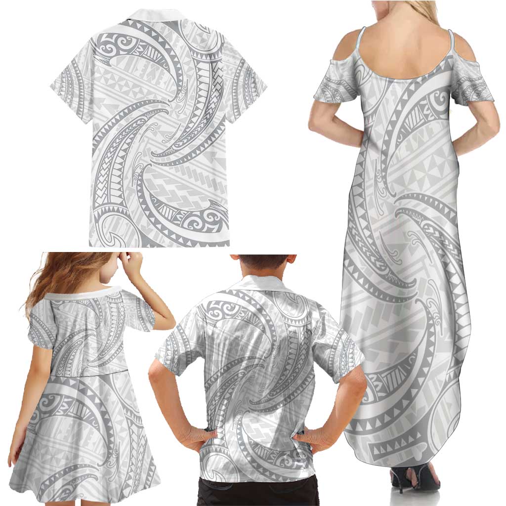 White Sunday Lotu Tamaiti Family Matching Summer Maxi Dress and Hawaiian Shirt Polynesian Wave Pastel Gray LT9 - Polynesian Pride