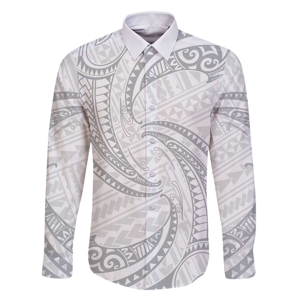 White Sunday Lotu Tamaiti Family Matching Summer Maxi Dress and Hawaiian Shirt Polynesian Wave Pastel Gray LT9 Dad's Shirt - Long Sleeve Gray - Polynesian Pride
