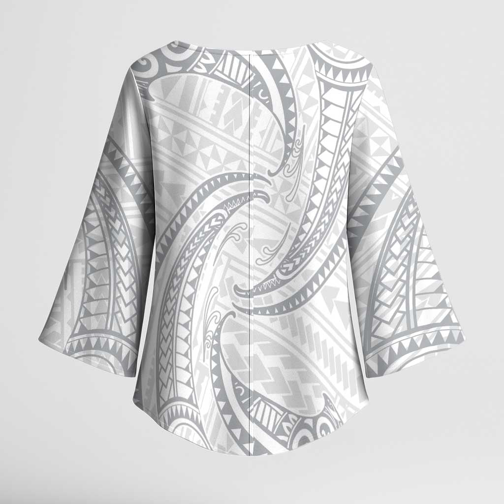 White Sunday Lotu Tamaiti Kimono Sleeve Blouse Polynesian Wave Pastel Gray LT9 - Polynesian Pride