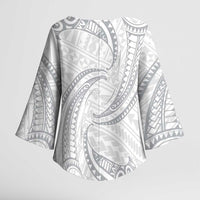 White Sunday Lotu Tamaiti Kimono Sleeve Blouse Polynesian Wave Pastel Gray LT9 - Polynesian Pride