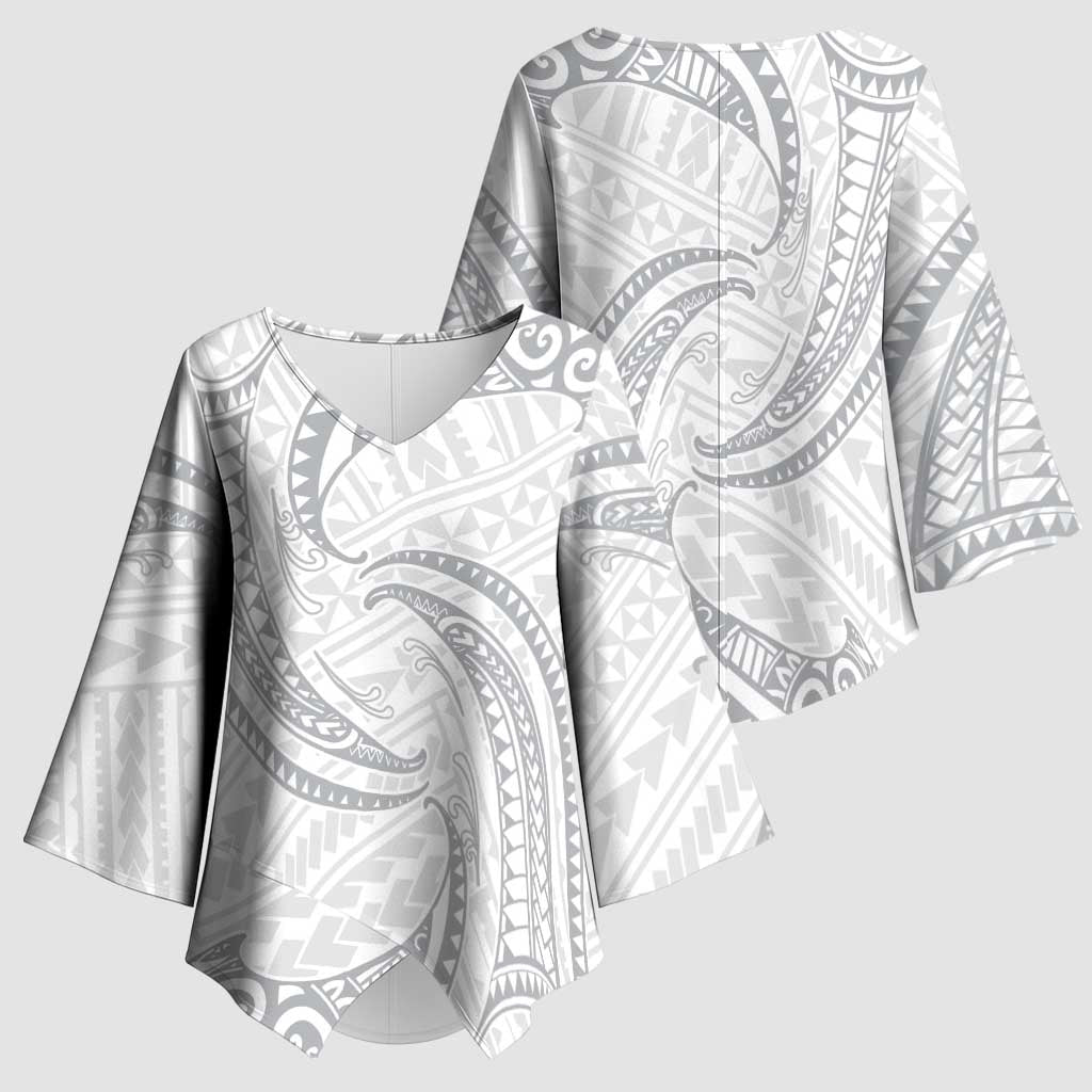 White Sunday Lotu Tamaiti Kimono Sleeve Blouse Polynesian Wave Pastel Gray LT9 - Polynesian Pride