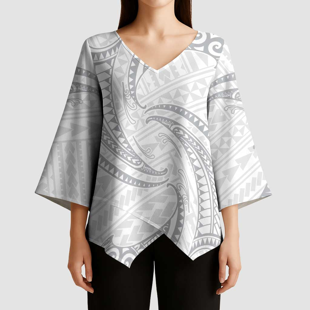 White Sunday Lotu Tamaiti Kimono Sleeve Blouse Polynesian Wave Pastel Gray LT9 - Polynesian Pride