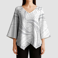 White Sunday Lotu Tamaiti Kimono Sleeve Blouse Polynesian Wave Pastel Gray LT9 - Polynesian Pride