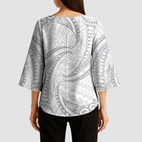 White Sunday Lotu Tamaiti Kimono Sleeve Blouse Polynesian Wave Pastel Gray LT9 - Polynesian Pride
