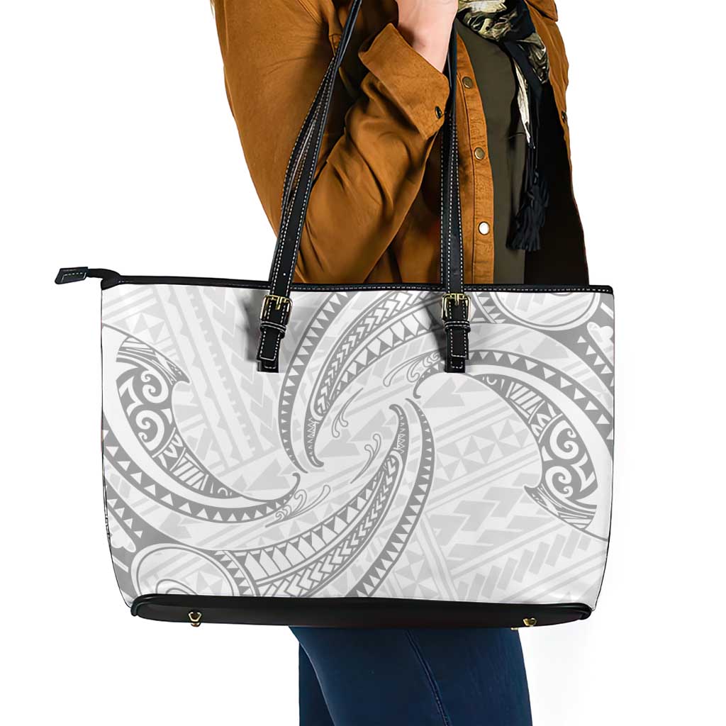 White Sunday Lotu Tamaiti Leather Tote Bag Polynesian Wave Pastel Gray - Polynesian Pride