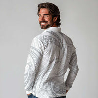 White Sunday Lotu Tamaiti Long Sleeve Polo Shirt Polynesian Wave Pastel Gray - Polynesian Pride