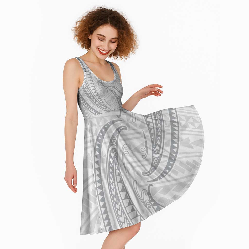 White Sunday Lotu Tamaiti Midi Dress Polynesian Wave Pastel Gray - Polynesian Pride