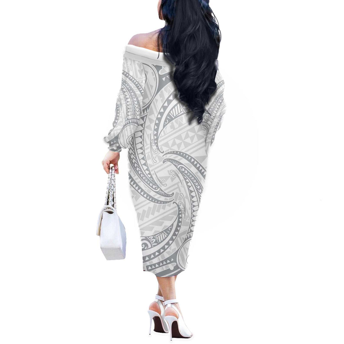 White Sunday Lotu Tamaiti Off The Shoulder Long Sleeve Dress Polynesian Wave Pastel Gray LT9 - Polynesian Pride