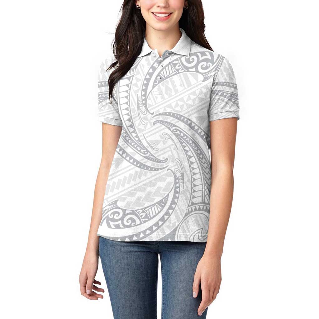 White Sunday Lotu Tamaiti Women Polo Shirt Polynesian Wave Pastel Gray LT9 - Polynesian Pride