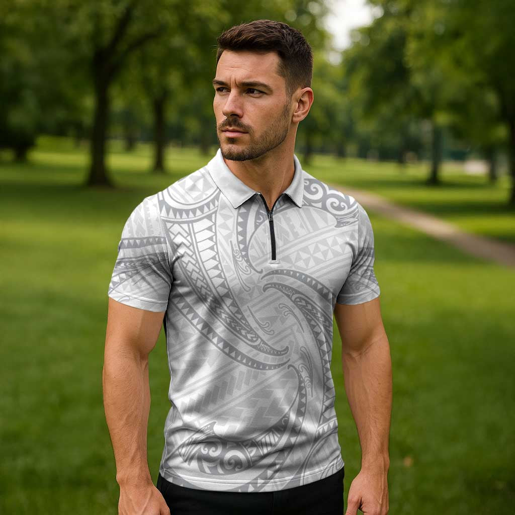 White Sunday Lotu Tamaiti Zipper Polo Shirt Polynesian Wave Pastel Gray - Polynesian Pride