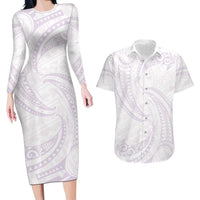 White Sunday Lotu Tamaiti Couples Matching Long Sleeve Bodycon Dress and Hawaiian Shirt Polynesian Wave Pastel Mauve - Polynesian Pride