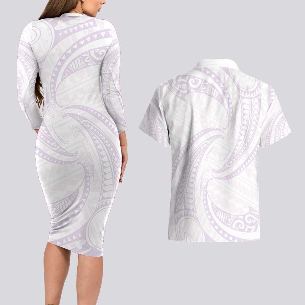 White Sunday Lotu Tamaiti Couples Matching Long Sleeve Bodycon Dress and Hawaiian Shirt Polynesian Wave Pastel Mauve - Polynesian Pride