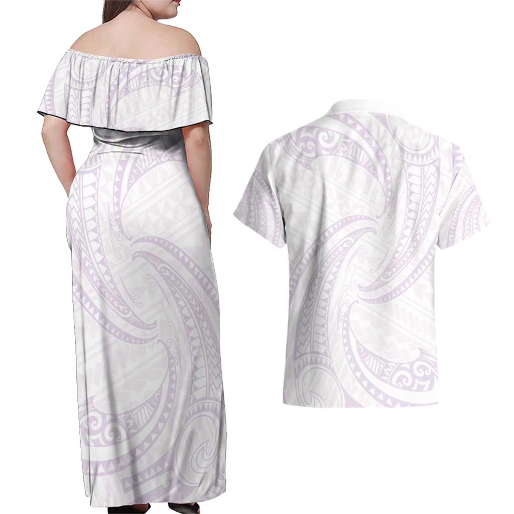 White Sunday Lotu Tamaiti Couples Matching Off Shoulder Maxi Dress and Hawaiian Shirt Polynesian Wave Pastel Mauve - Polynesian Pride