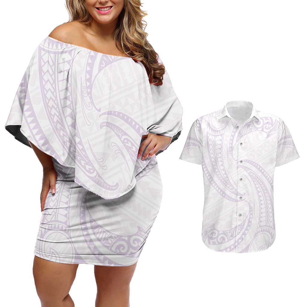 White Sunday Lotu Tamaiti Couples Matching Off Shoulder Short Dress and Hawaiian Shirt Polynesian Wave Pastel Mauve - Polynesian Pride