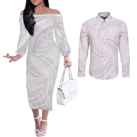 White Sunday Lotu Tamaiti Couples Matching Off The Shoulder Long Sleeve Dress and Long Sleeve Button Shirt Polynesian Wave Pastel Mauve LT9 Mauve - Polynesian Pride