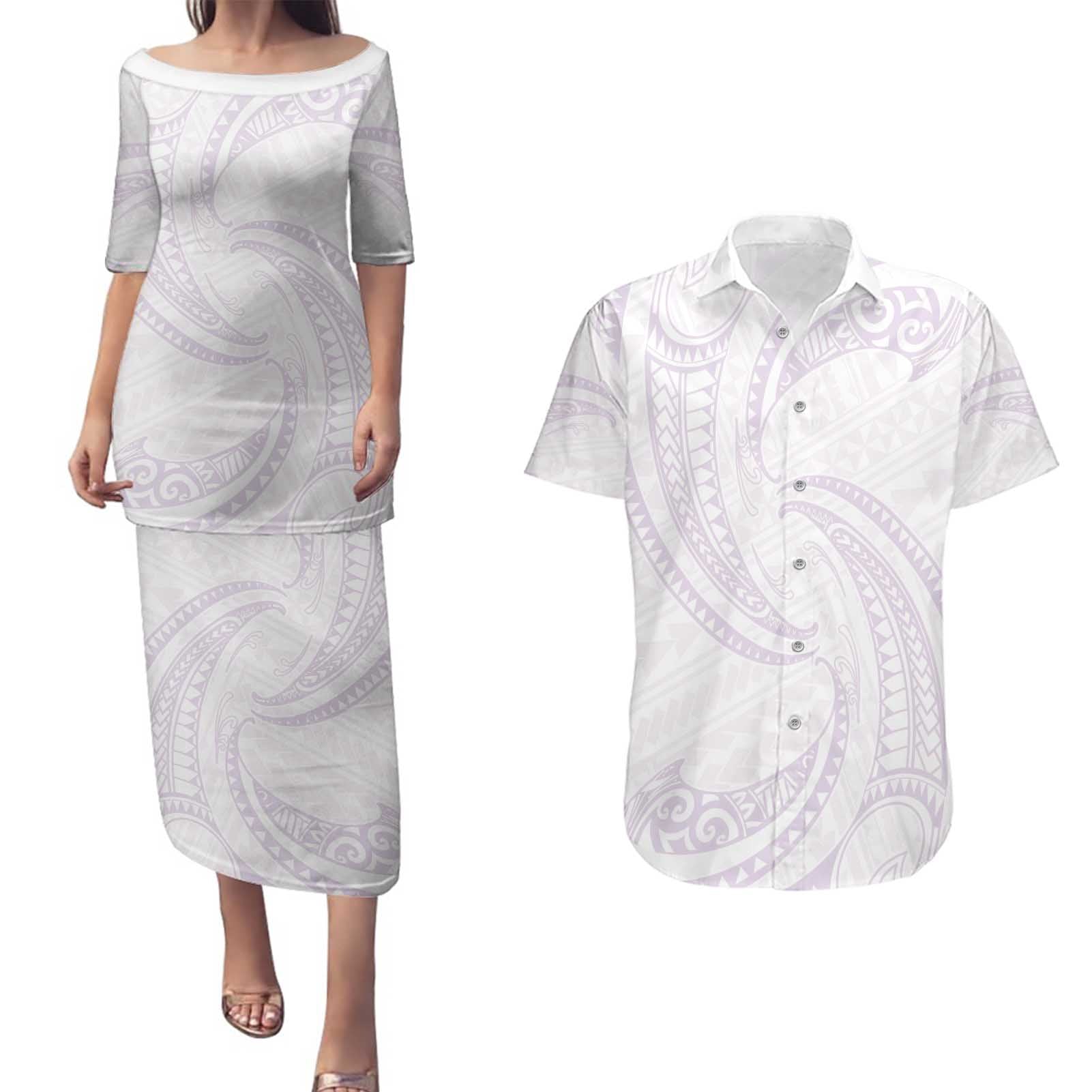 White Sunday Lotu Tamaiti Couples Matching Puletasi and Hawaiian Shirt Polynesian Wave Pastel Mauve - Polynesian Pride