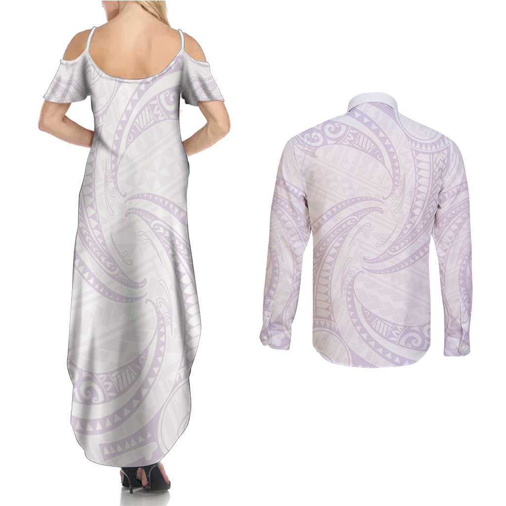 White Sunday Lotu Tamaiti Couples Matching Summer Maxi Dress and Long Sleeve Button Shirt Polynesian Wave Pastel Mauve - Polynesian Pride