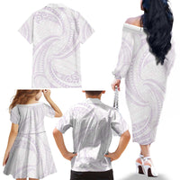 White Sunday Lotu Tamaiti Family Matching Off The Shoulder Long Sleeve Dress and Hawaiian Shirt Polynesian Wave Pastel Mauve - Polynesian Pride