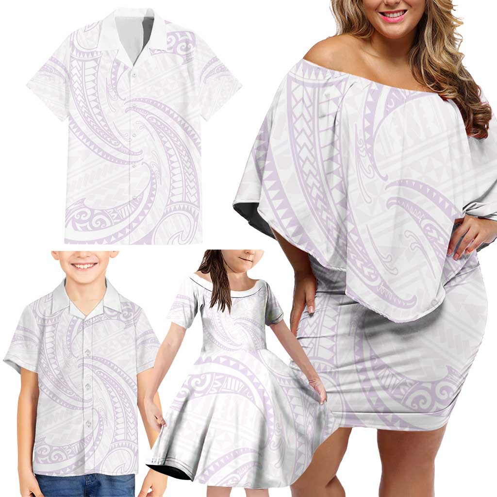 White Sunday Lotu Tamaiti Family Matching Off Shoulder Short Dress and Hawaiian Shirt Polynesian Wave Pastel Mauve - Polynesian Pride