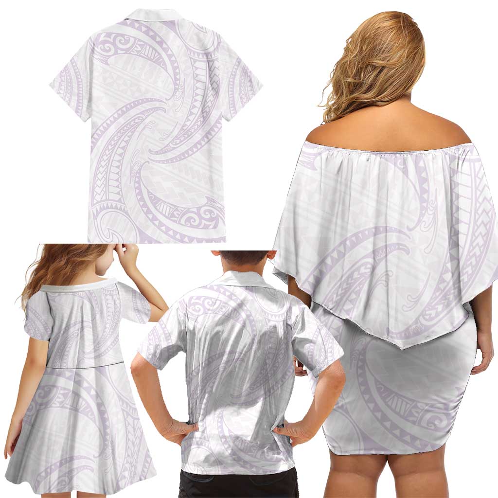 White Sunday Lotu Tamaiti Family Matching Off Shoulder Short Dress and Hawaiian Shirt Polynesian Wave Pastel Mauve LT9 - Polynesian Pride
